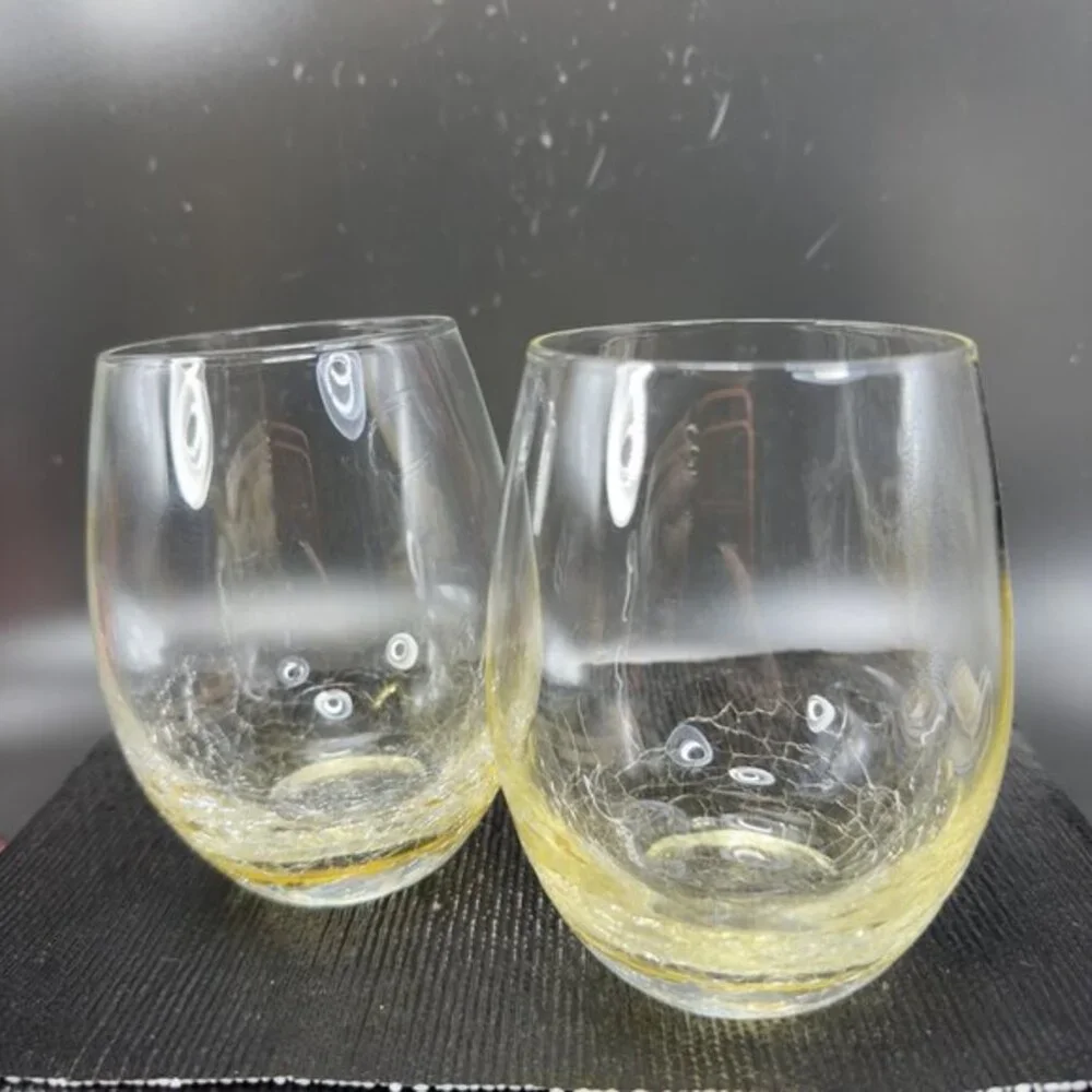 Pier‎ 1 Crackled Glass Glasses Cups Tumbler Set 2 Yellow Crackle Glass Glasses